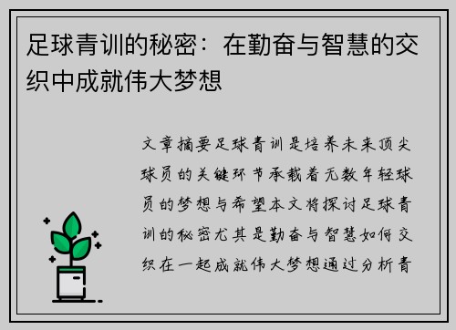 足球青训的秘密:在勤奋与智慧的交织中成就伟大梦想 足球青训的秘密:在勤奋与智慧的交织中成就伟大梦想
